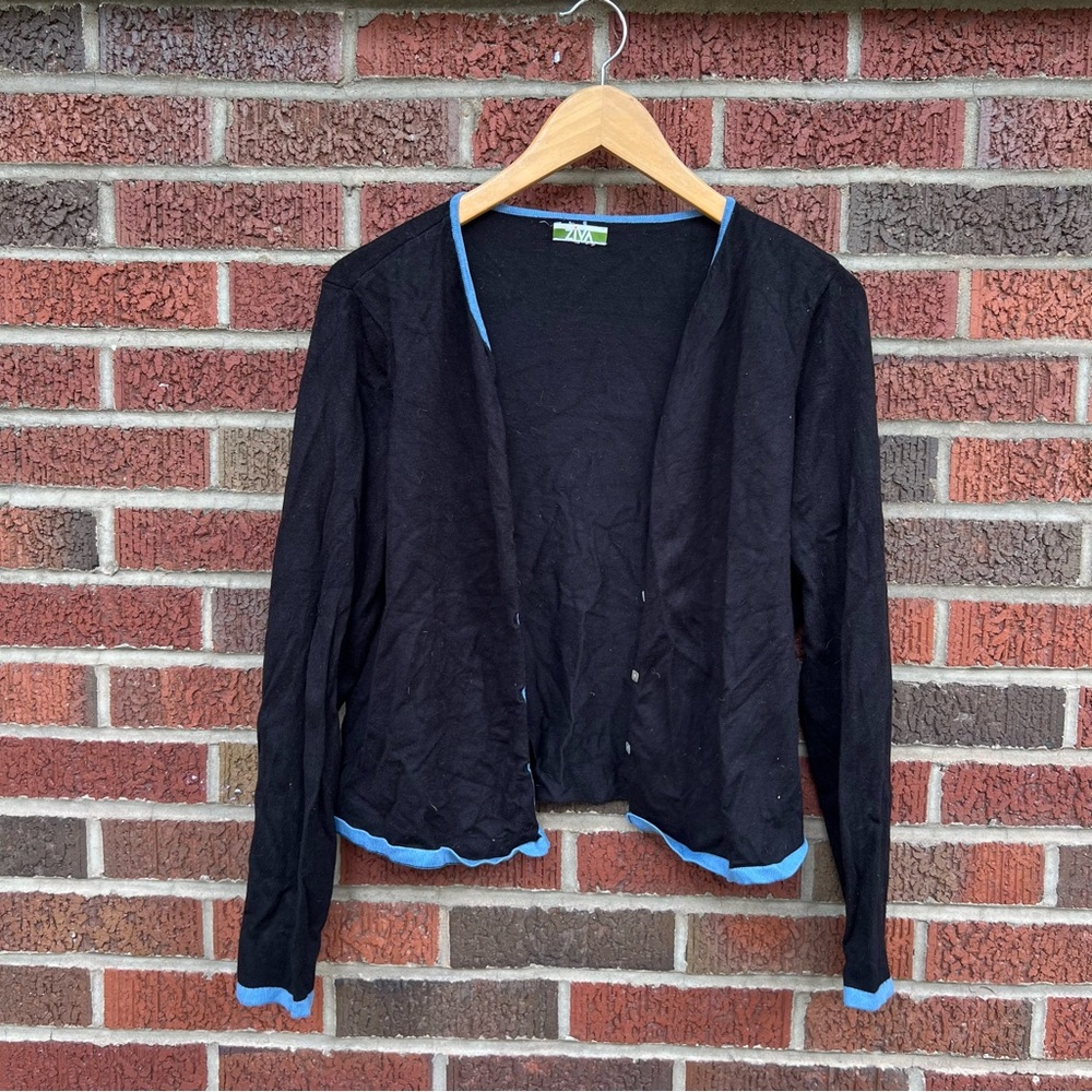 Ziva Black and Blue Hem Square Button Sweater Cardigan
